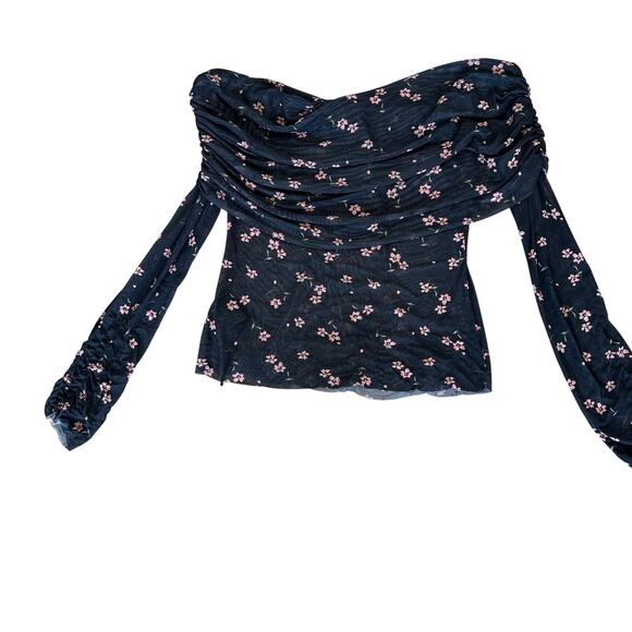 AFRM Black Floral Off the Shoulder Mesh Top MEDIUM Ruched Sheer Bodycon Pink $68 - Picture 9 of 12